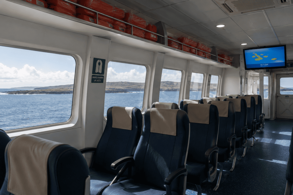 Interior of a passenger ferry traveling from Santa Cruz to San Cristobal