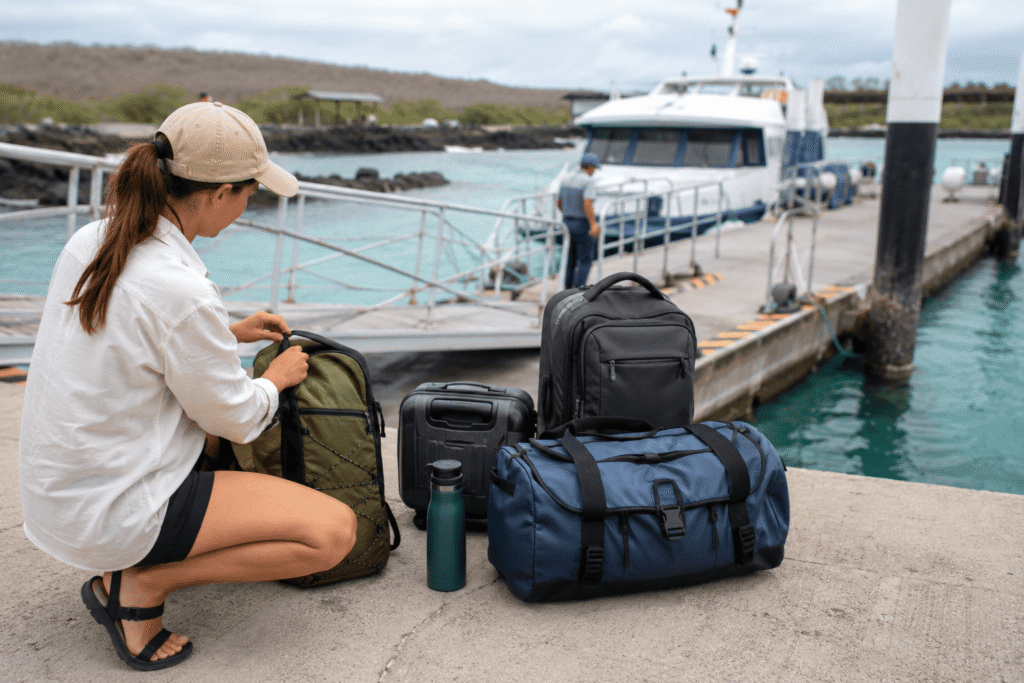 Traveler preparing luggage before a Galapagos ferry transfer