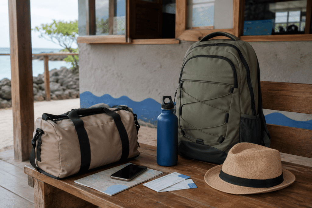 Travel essentials prepared before a ferry transfer from Isabela to Santa Cruz