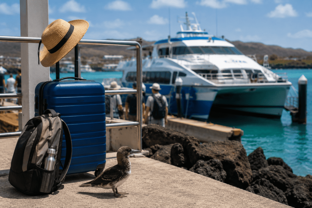 Luggage and travel essentials beside a ferry in San Cristobal